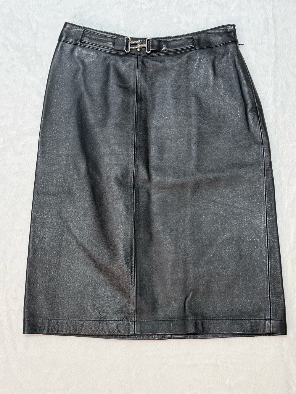 Real Leather Skirt Black SM Pencil Women’s Silver Belt Accent Side Zip Lined